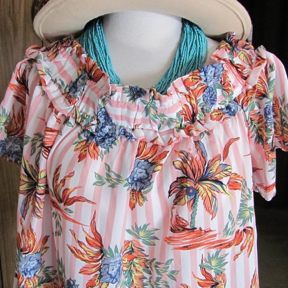 ENTRO  LADIES PINK STRIPE/FLORAL OFF THE SHOULDER SUMMER SHIRT  BRAND NEW WITH T - Picture 3 of 8